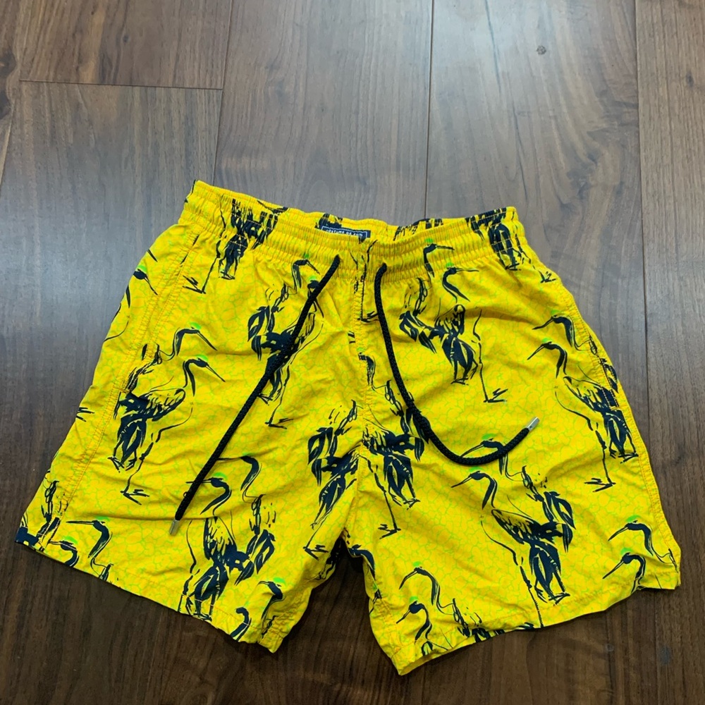 Vilebrequin Yellow Swim Shorts with Navy Crane Print